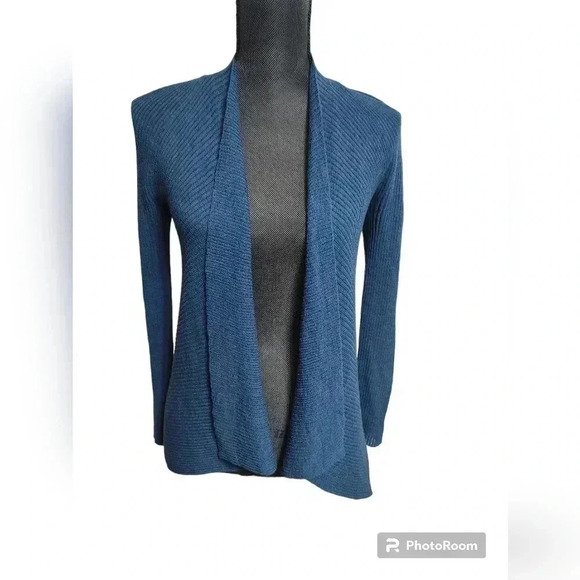 Eileen Fisher Open Front Ribbed Blue 100% Wool Cardigan - Picture 1 of 5